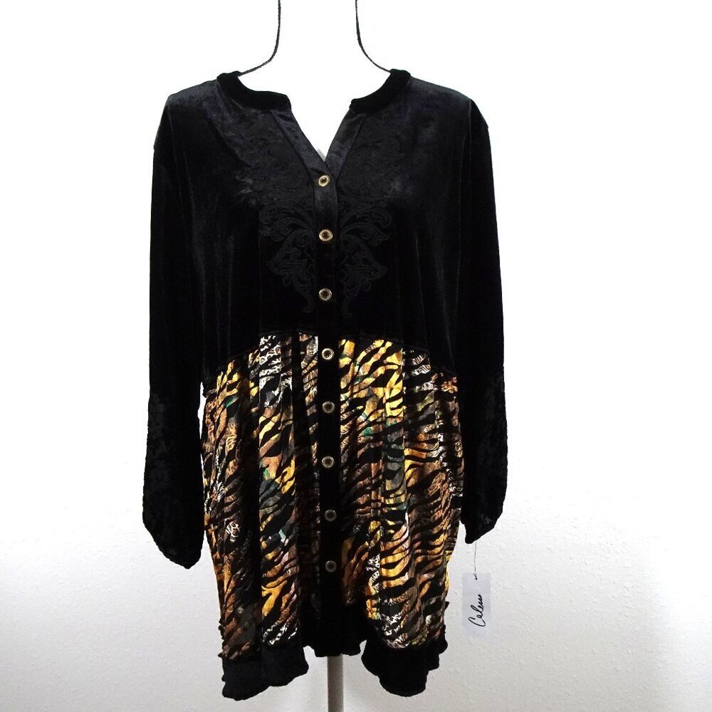 Calessa Tunic Top Women's Plus Size 1X Velvet Burnout Animal Print Boho
